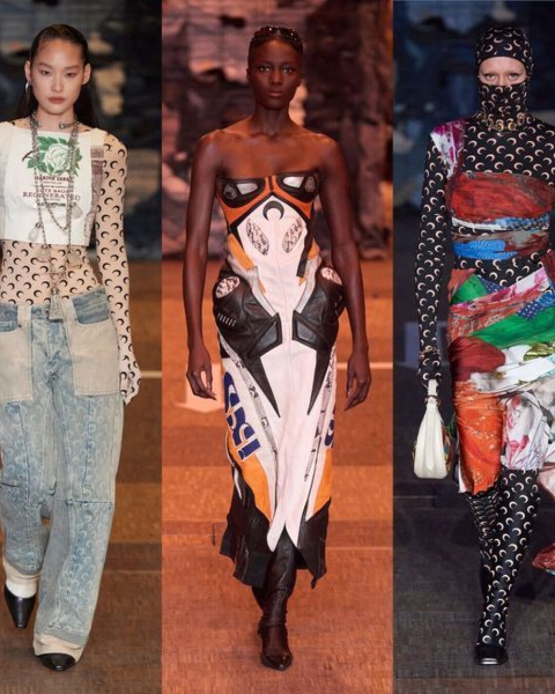 Trois silhouettes Marine Serre automne-hiver 2023-2024, motifs croissants et hybridation culturelle