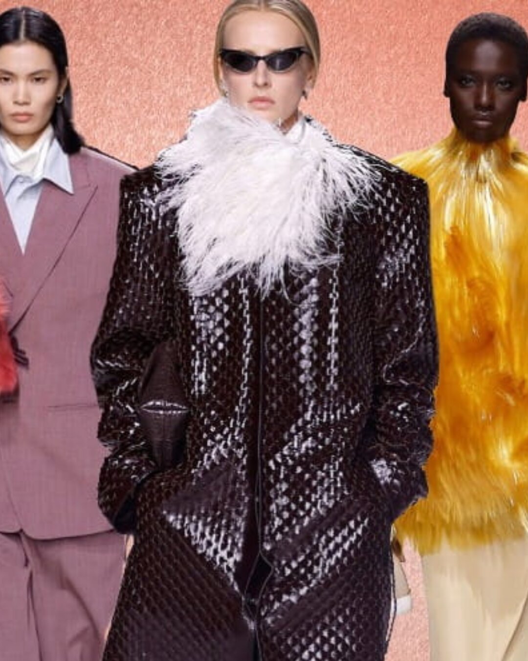 Trois silhouettes Bottega Veneta printemps-été 2026, manteau écailles, col plumes blanches et fourrure jaune
